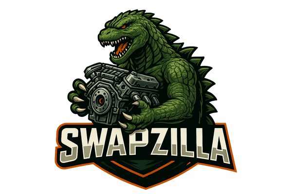 Swapzilla logo with Godzilla holding an engine